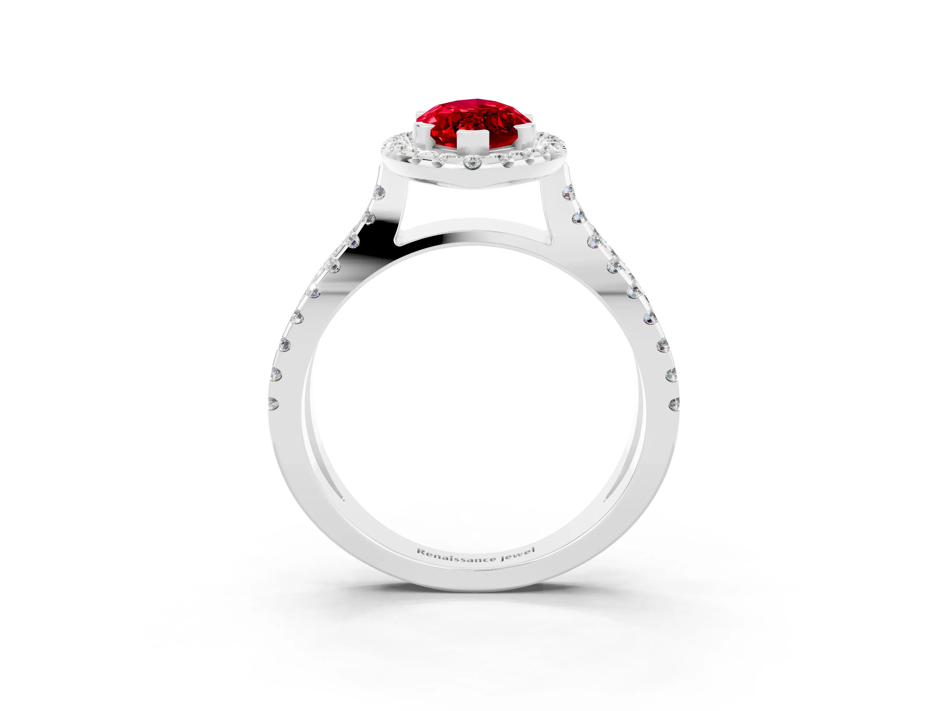 White gold Marquise Cut Ruby Halo Ring with Split Shank Pavé Band and Prong Setting_3