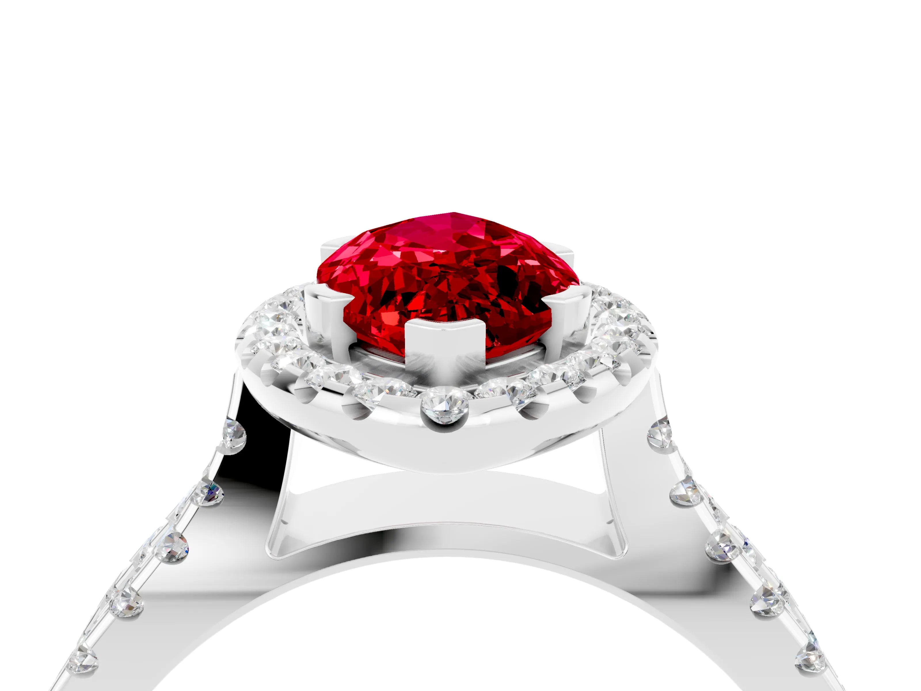 White gold Marquise Cut Ruby Halo Ring with Split Shank Pavé Band and Prong Setting_4