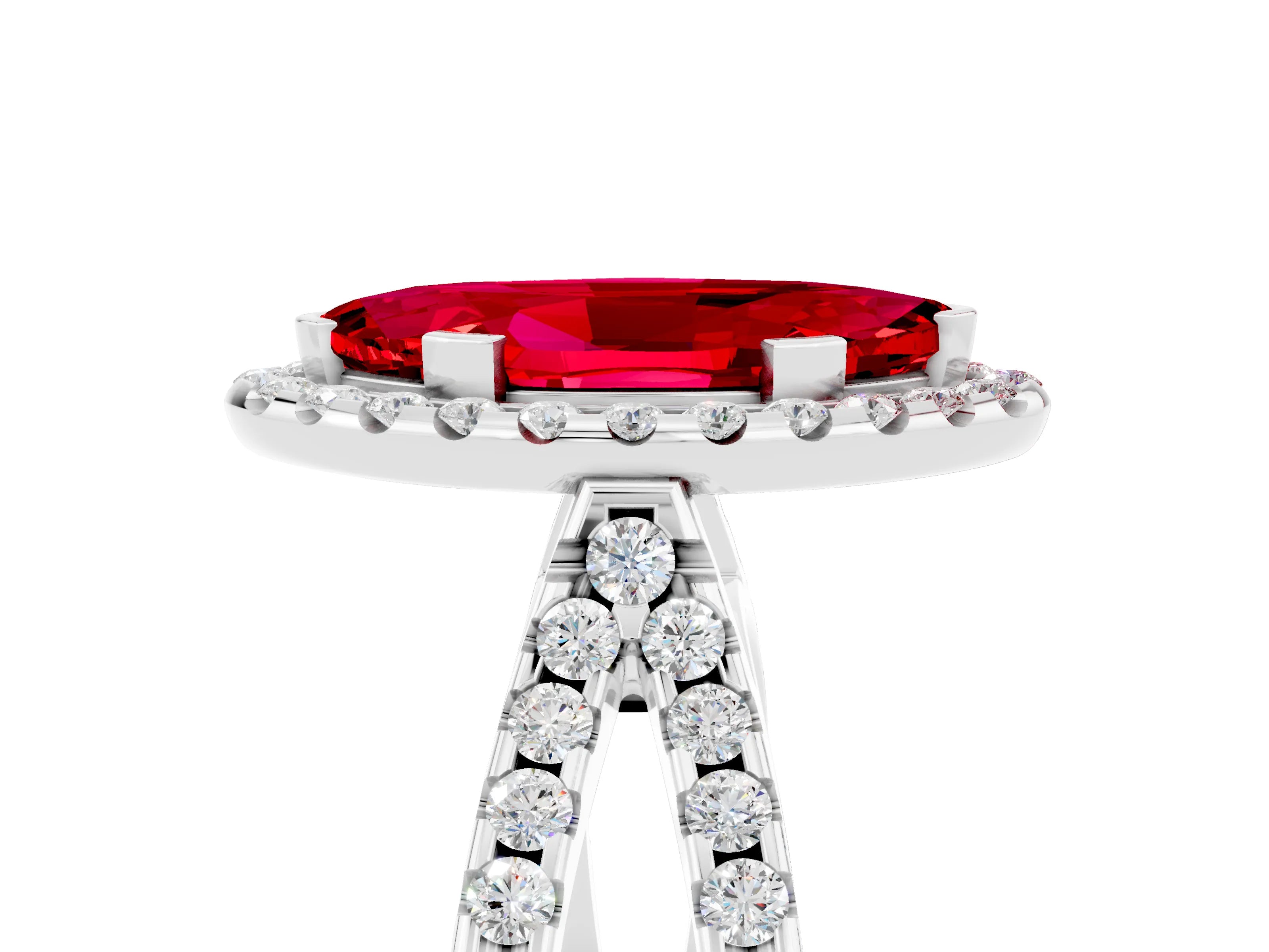 White gold Marquise Cut Ruby Halo Ring with Split Shank Pavé Band and Prong Setting_5