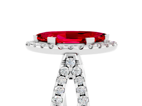 White gold Marquise Cut Ruby Halo Ring with Split Shank Pavé Band and Prong Setting_5