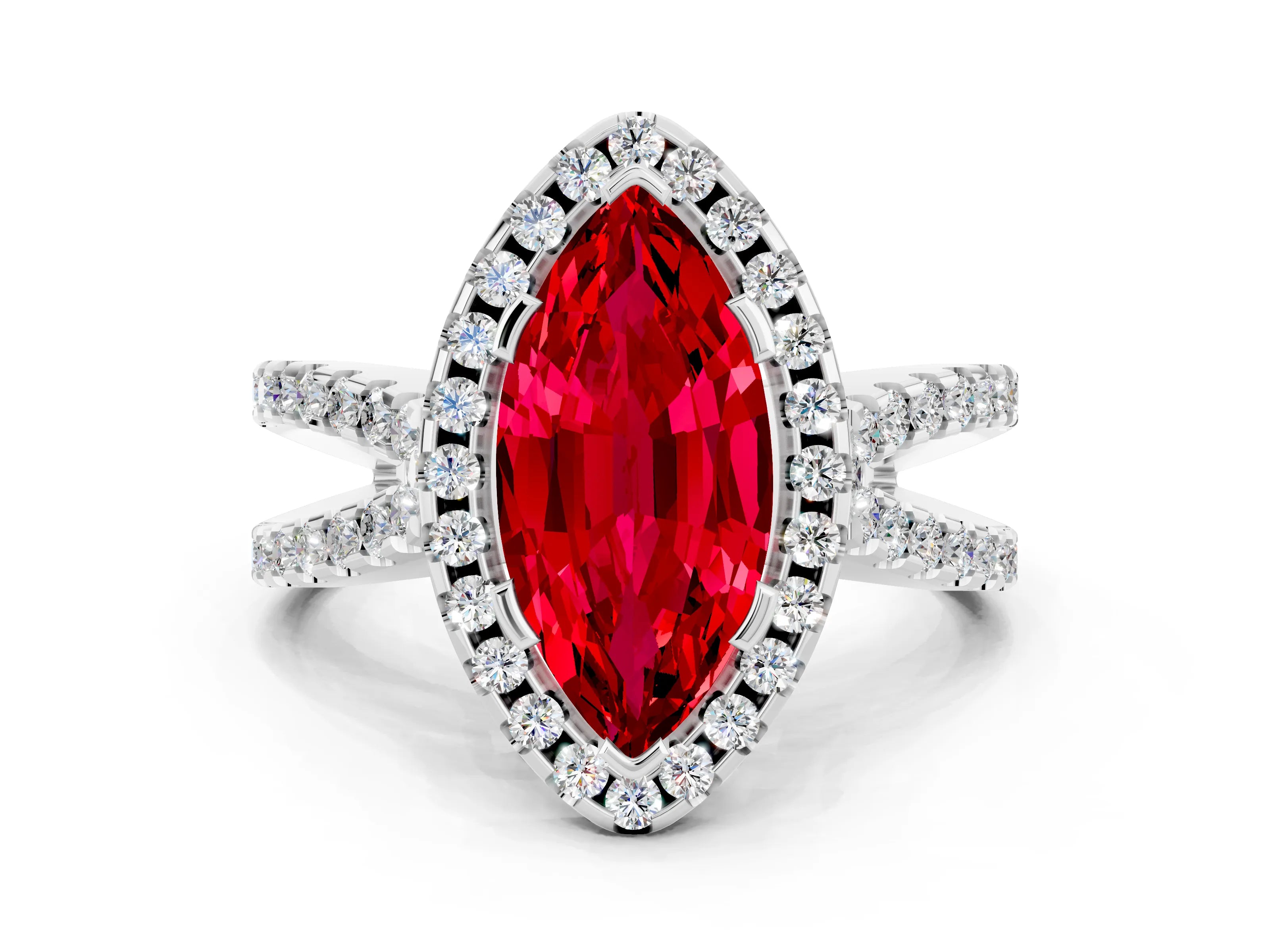 White gold Marquise Cut Ruby Halo Ring with Split Shank Pavé Band and Prong Setting