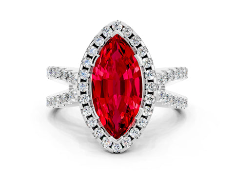 White gold Marquise Cut Ruby Halo Ring with Split Shank Pavé Band and Prong Setting
