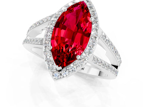 White gold Marquise Cut Ruby Halo Ring with Split Shank U-Prong Band and Four-Prong Setting_1