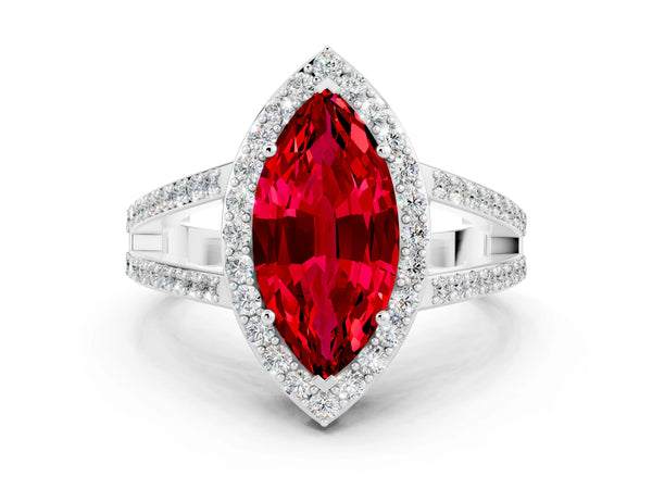 White gold Marquise Cut Ruby Halo Ring with Split Shank U-Prong Band and Four-Prong Setting