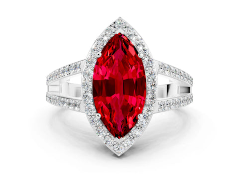 White gold Marquise Cut Ruby Halo Ring with Split Shank U-Prong Band and Four-Prong Setting