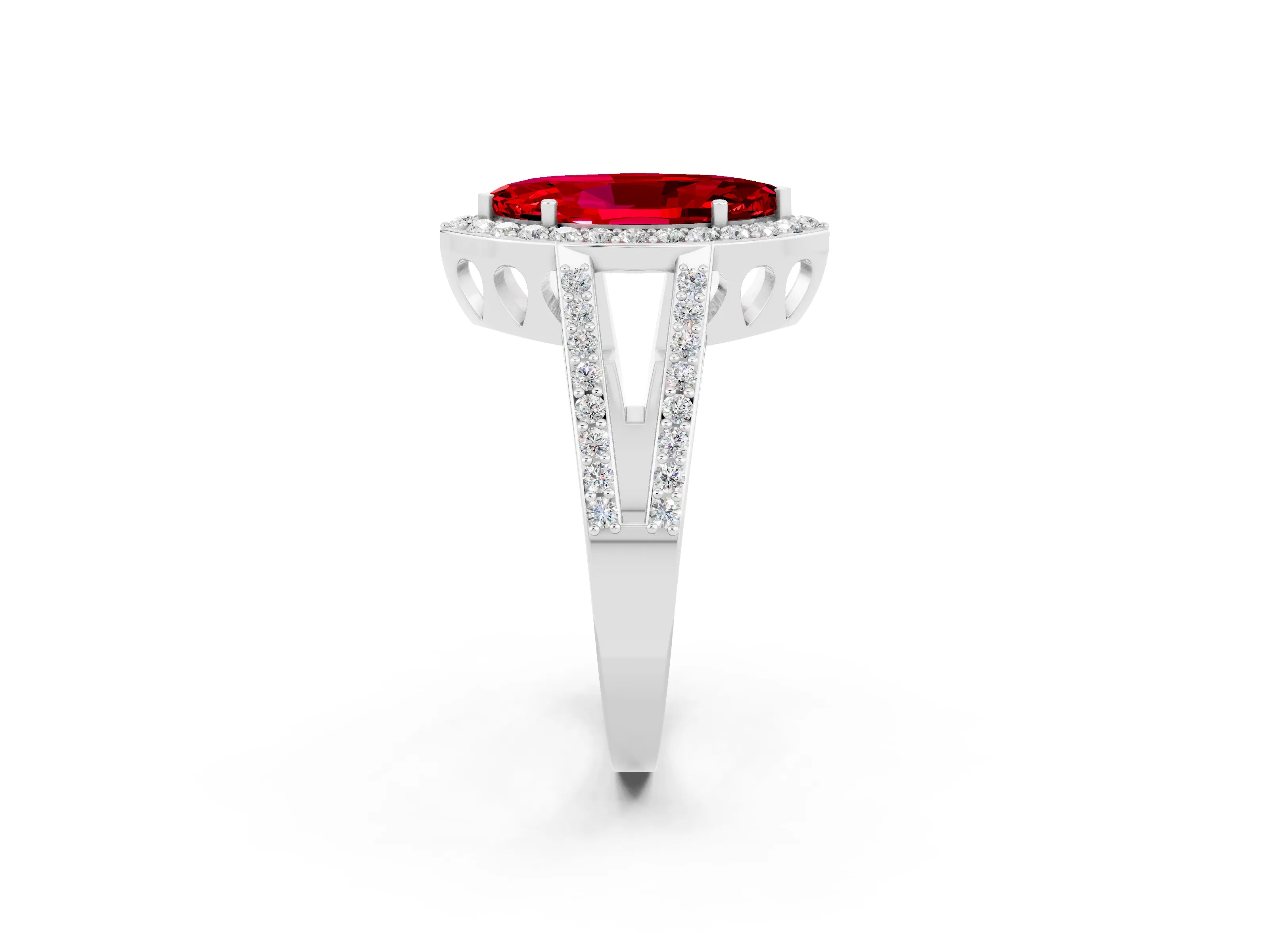 White gold Marquise Cut Ruby Halo Ring with Split Shank U-Prong Band and Four-Prong Setting_2