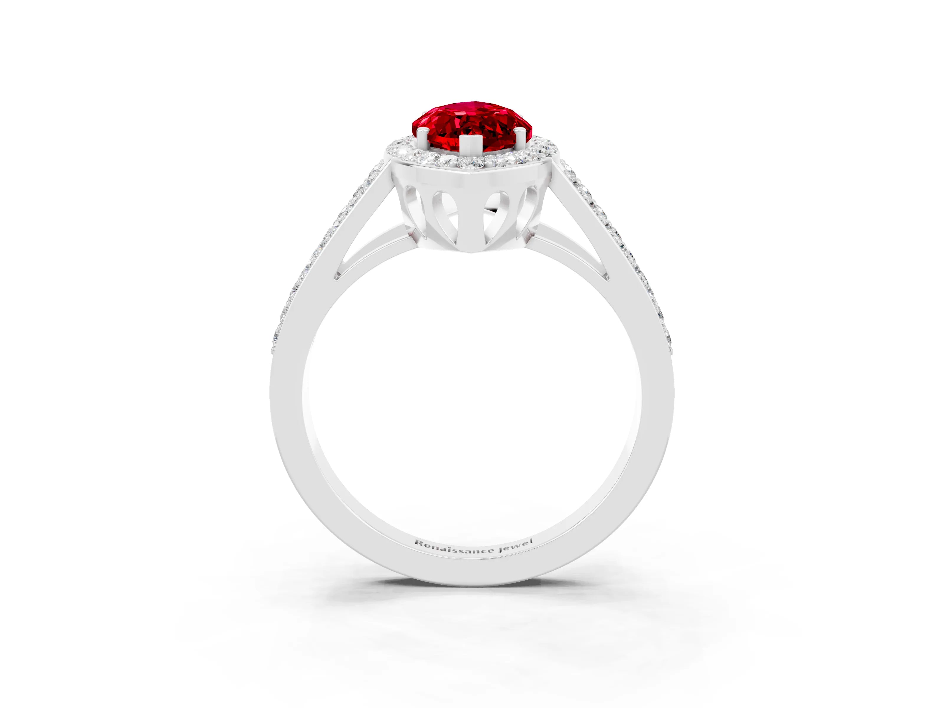 White gold Marquise Cut Ruby Halo Ring with Split Shank U-Prong Band and Four-Prong Setting_3