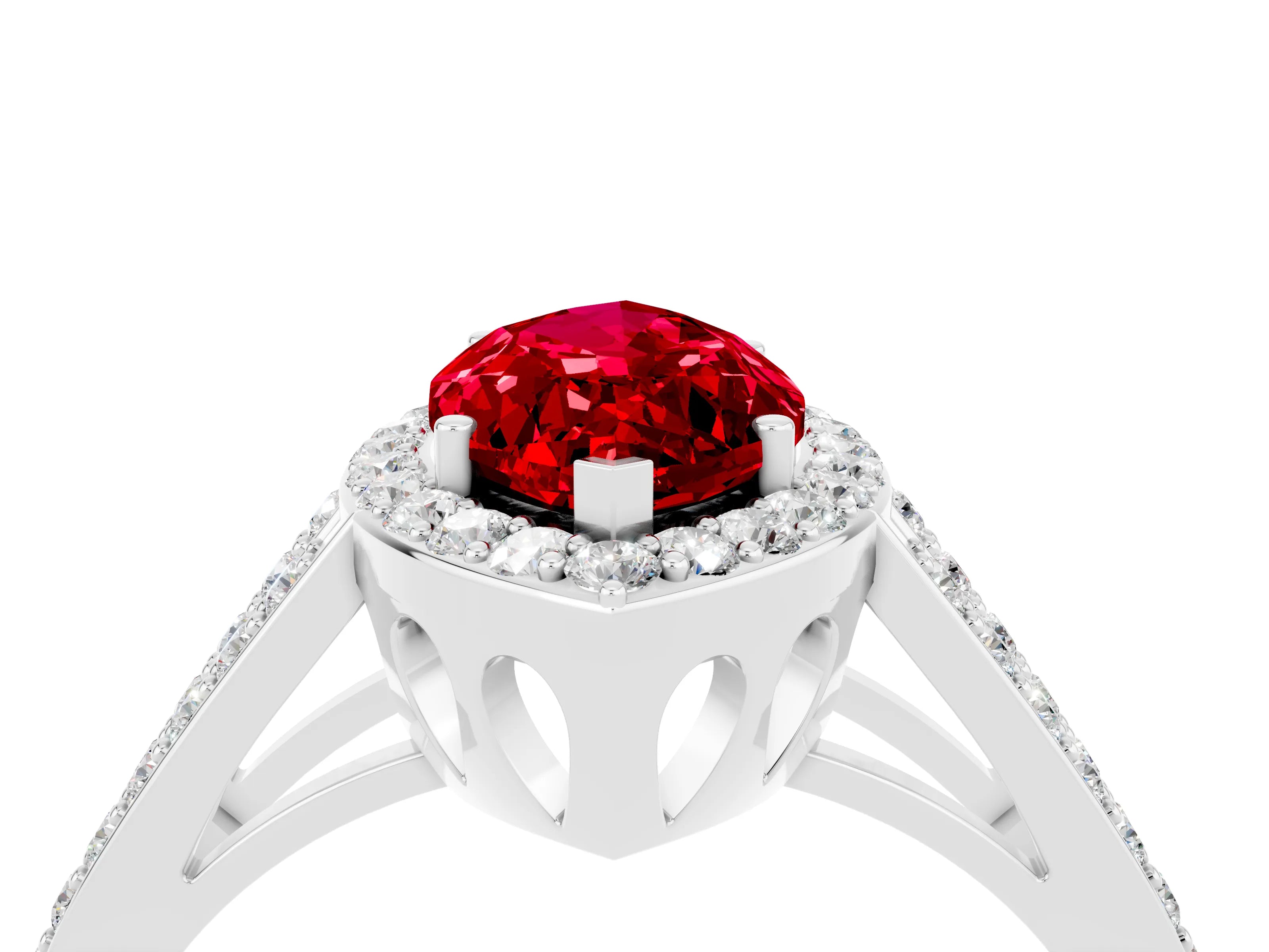 White gold Marquise Cut Ruby Halo Ring with Split Shank U-Prong Band and Four-Prong Setting_4