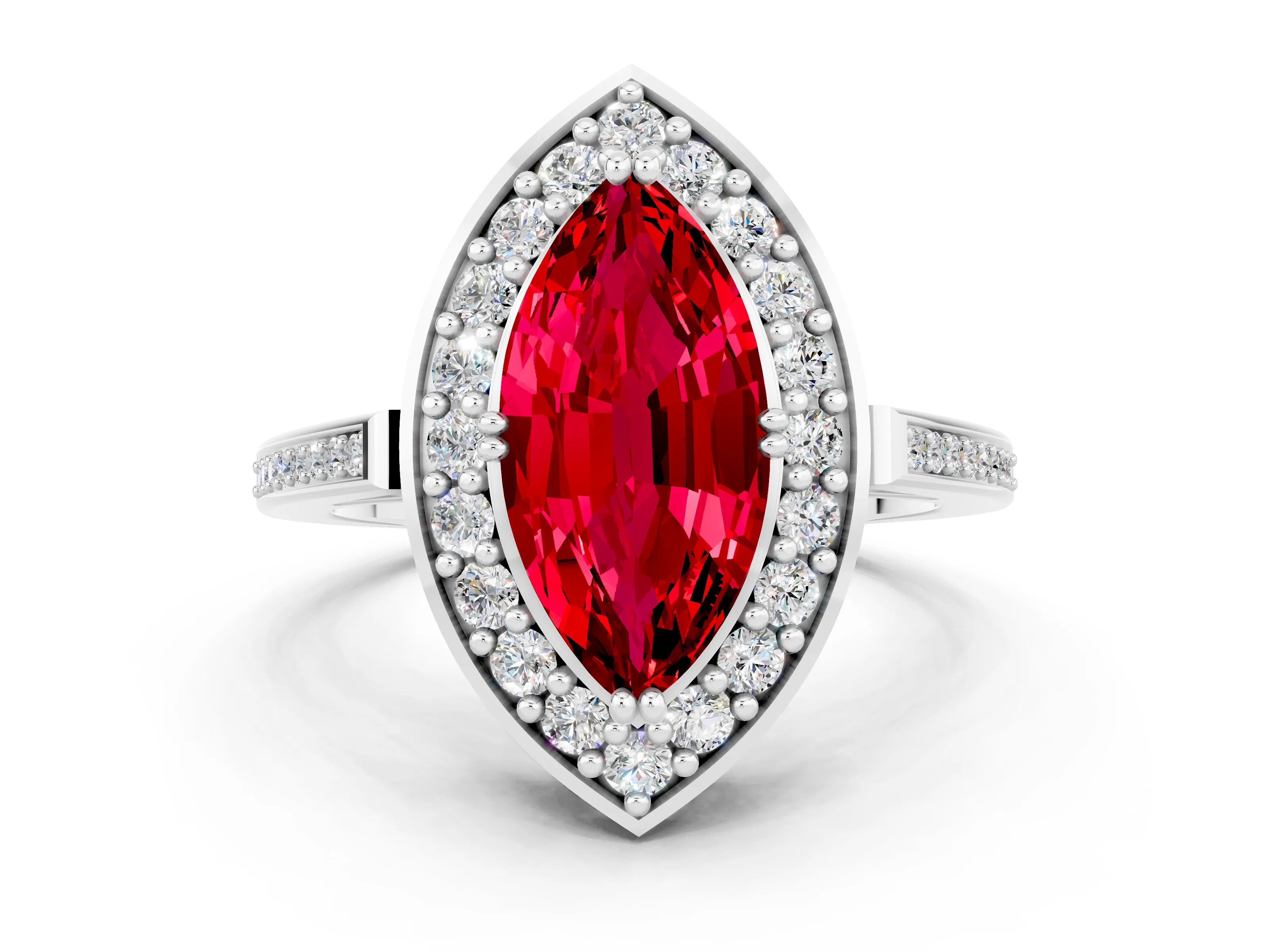 White gold Marquise Cut Ruby Halo Ring with Split Shank and Four-Prong Setting