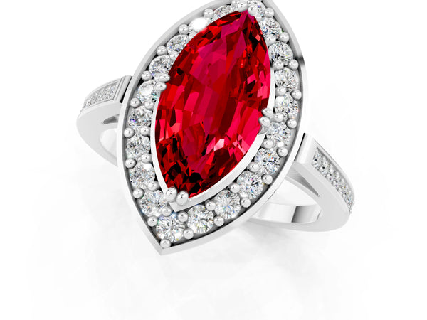White gold Marquise Cut Ruby Halo Ring with Split Shank and Four-Prong Setting