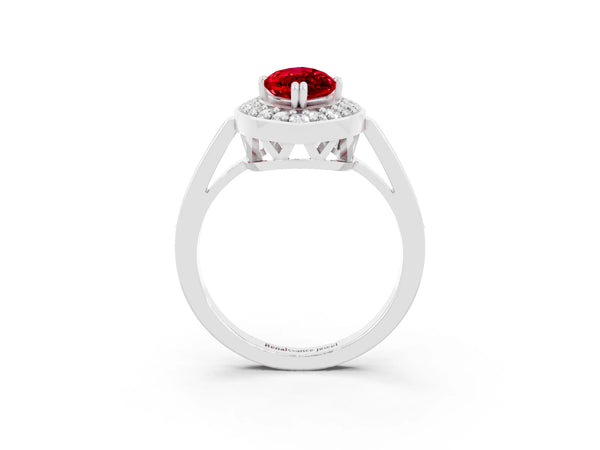 White gold Marquise Cut Ruby Halo Ring with Split Shank and Four-Prong Setting