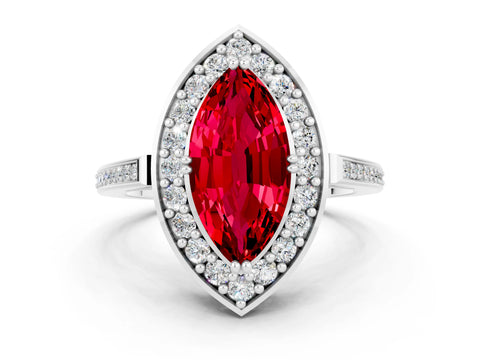 White gold Marquise Cut Ruby Halo Ring with Split Shank and Four-Prong Setting