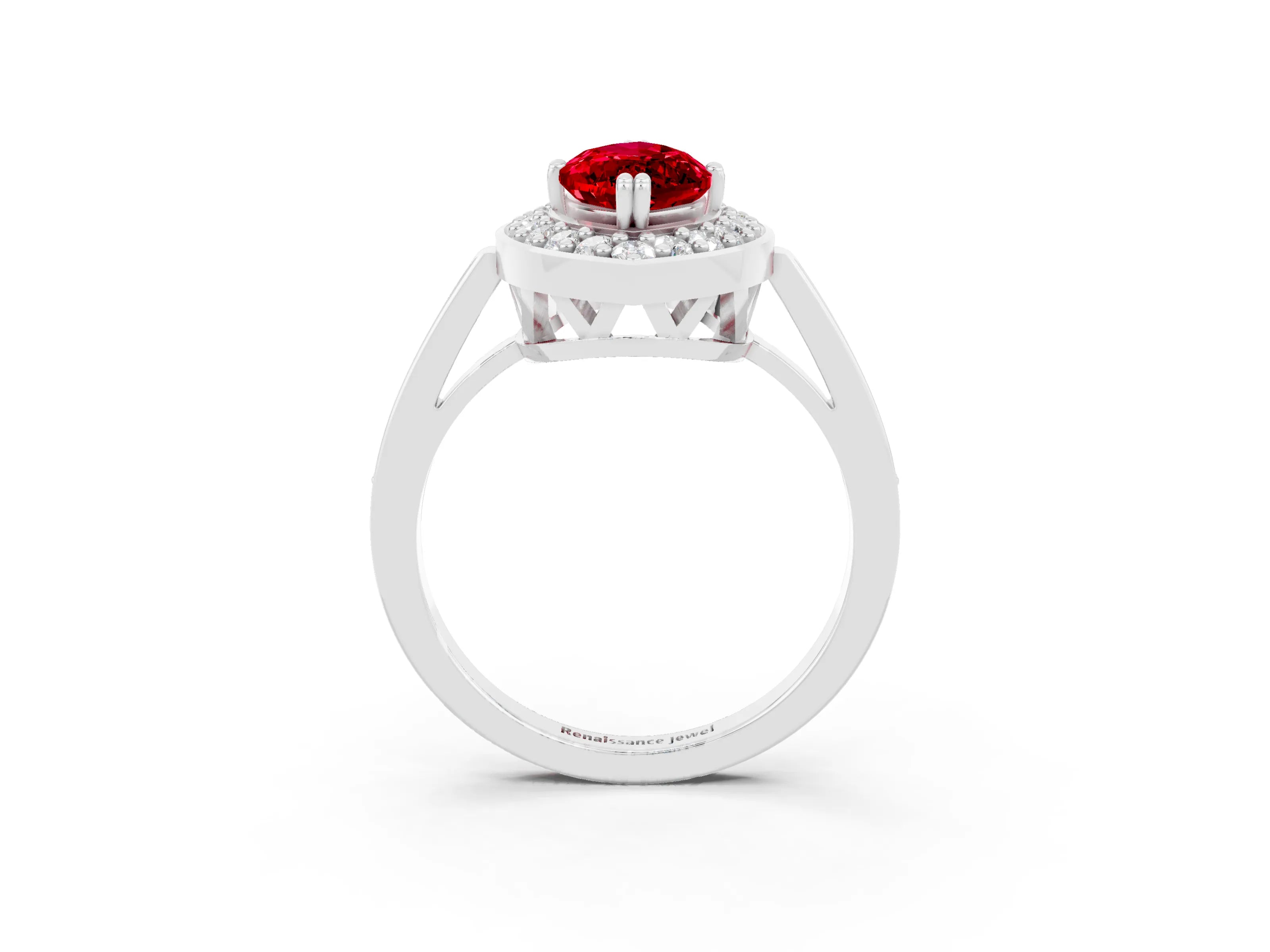 White gold Marquise Cut Ruby Halo Ring with Split Shank and Four-Prong Setting_3