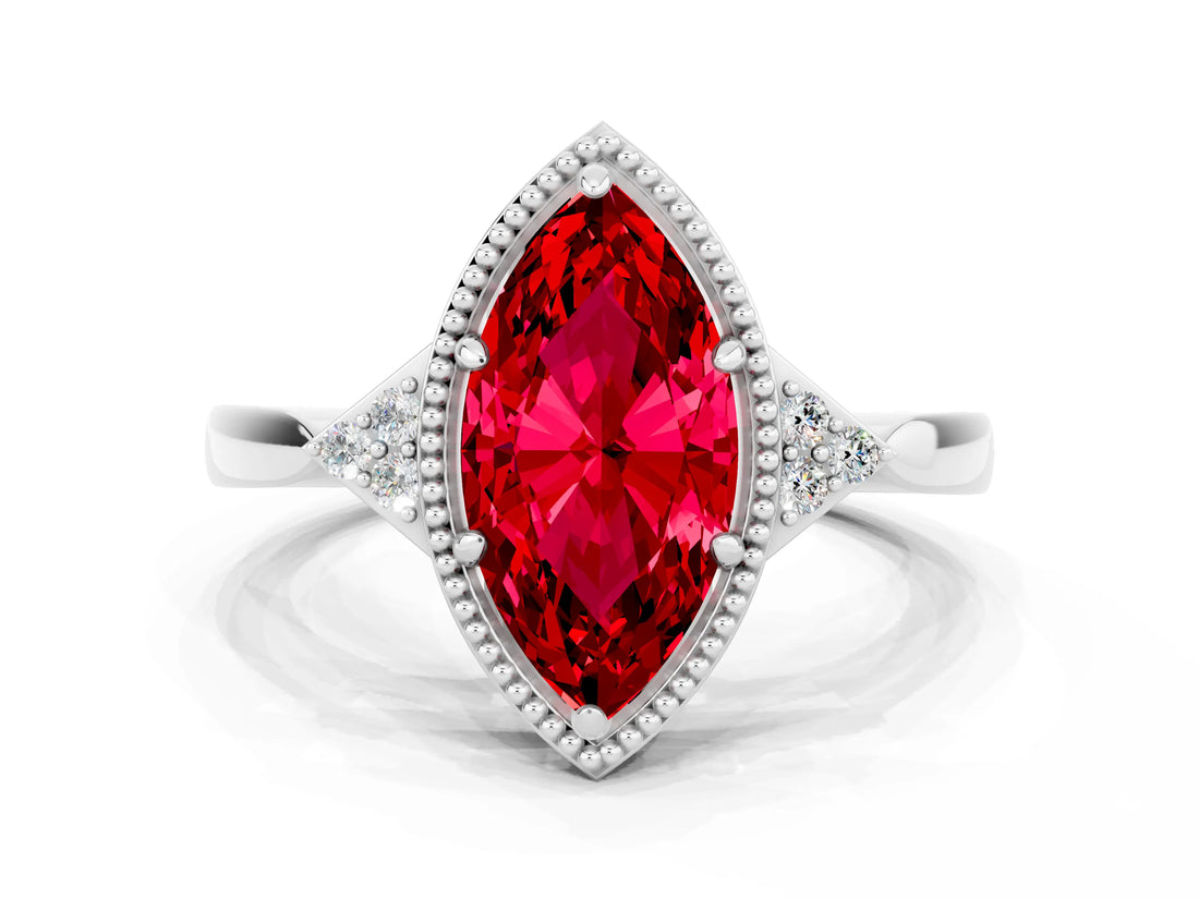 White gold Marquise Cut Ruby Halo Ring with Tapered Band and Four-Prong Setting