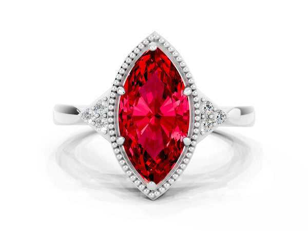 Platinum Marquise Cut Ruby Halo Ring with Tapered Band and Four-Prong Setting
