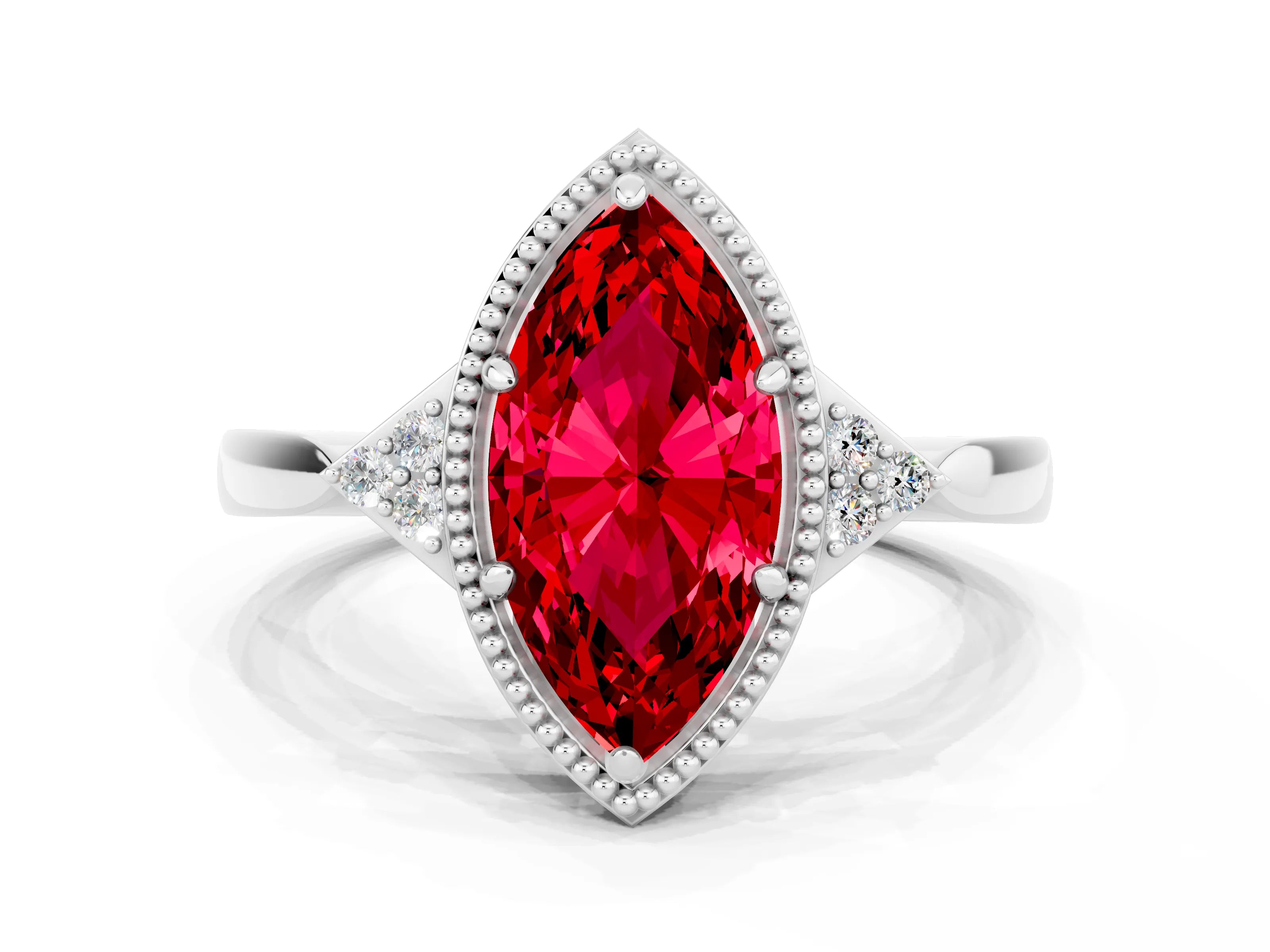 White gold Marquise Cut Ruby Halo Ring with Tapered Band and Four-Prong Setting
