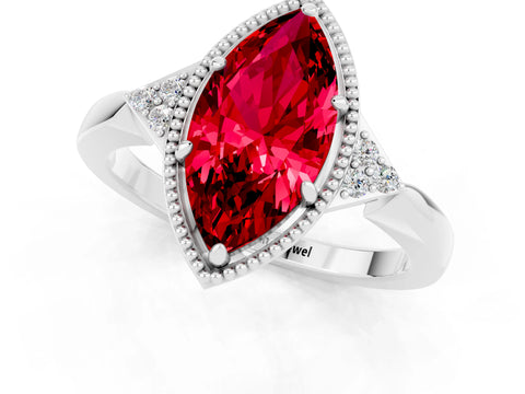 White gold Marquise Cut Ruby Halo Ring with Tapered Band and Four-Prong Setting_1