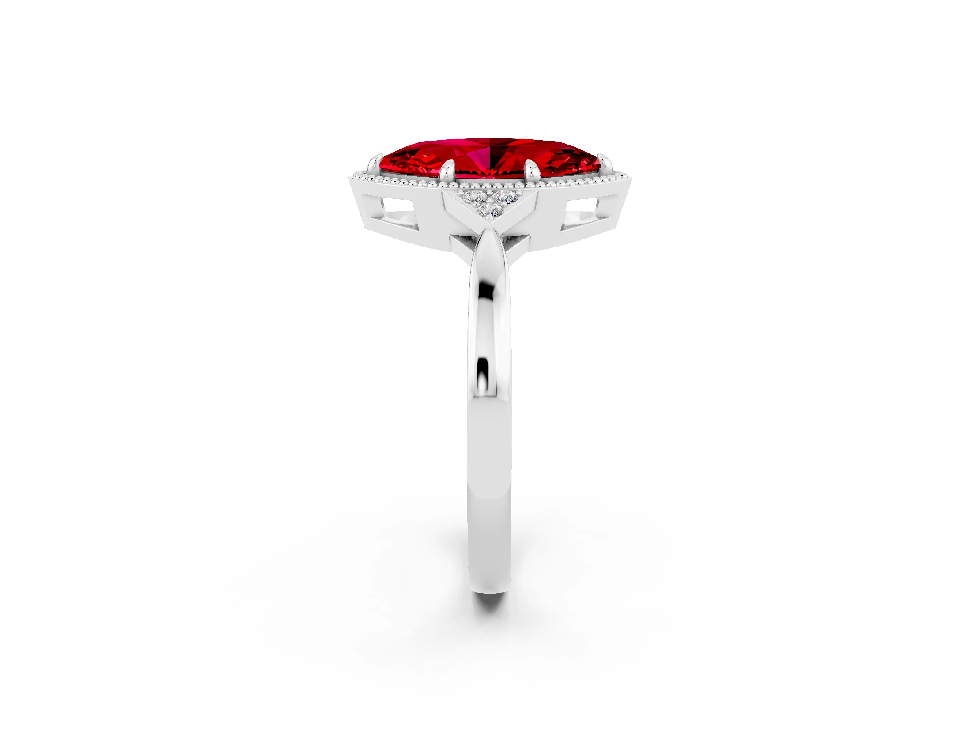 White gold Marquise Cut Ruby Halo Ring with Tapered Band and Four-Prong Setting_2