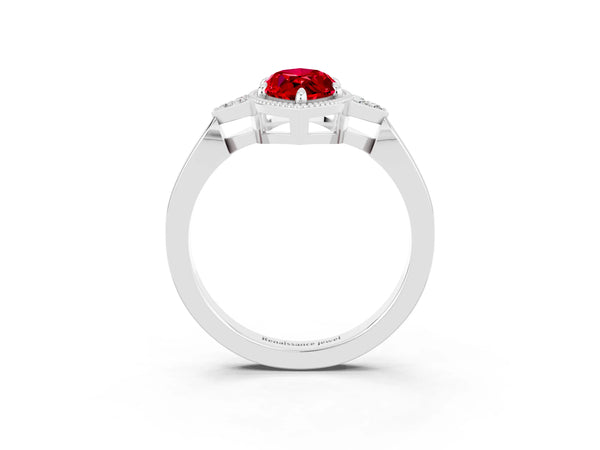 Silver Marquise Cut Ruby Halo Ring with Tapered Band and Four-Prong Setting