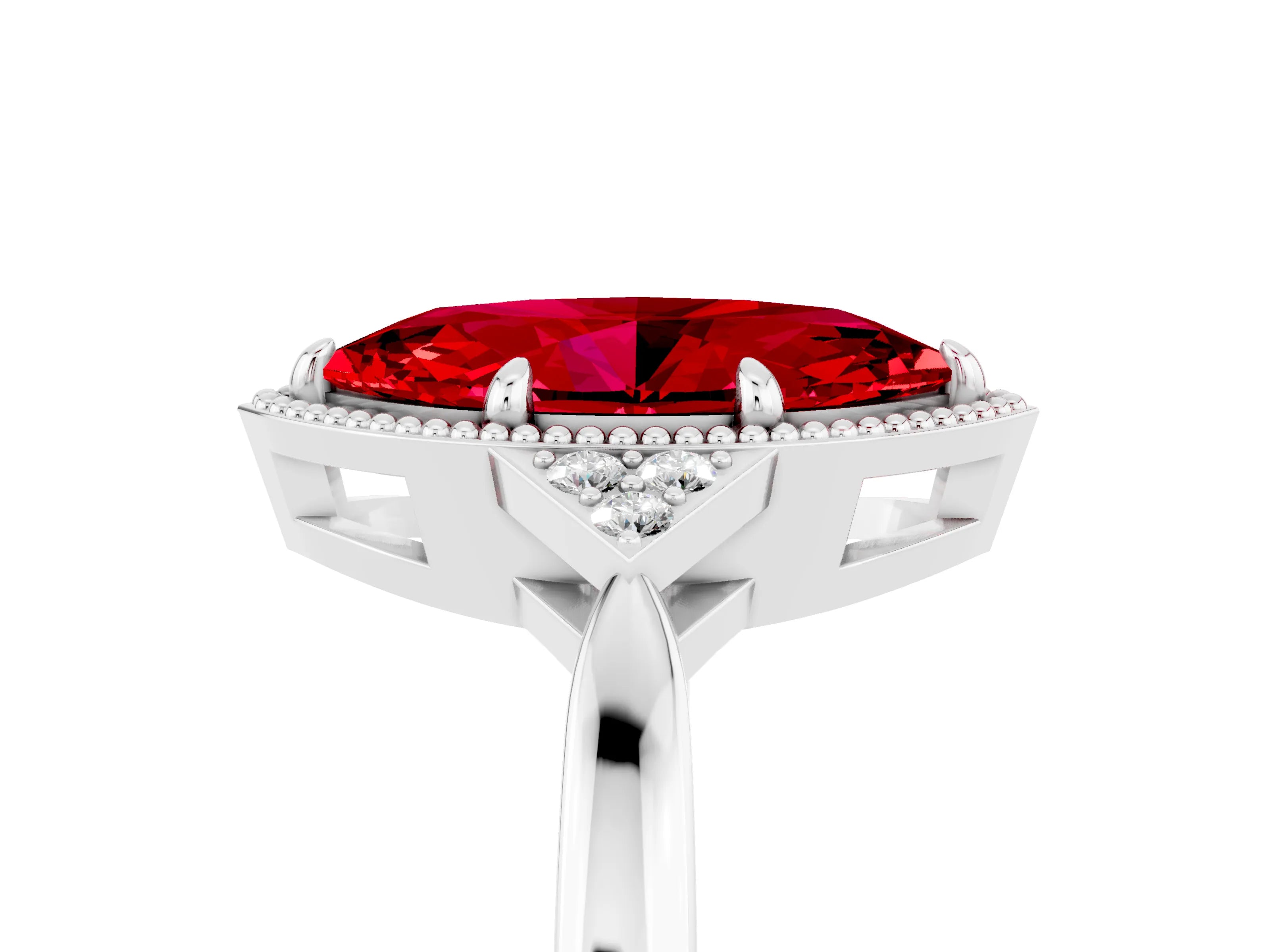 White gold Marquise Cut Ruby Halo Ring with Tapered Band and Four-Prong Setting_5