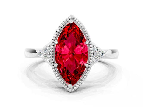 White gold Marquise Cut Ruby Halo Ring with Tapered Band and Four-Prong Setting