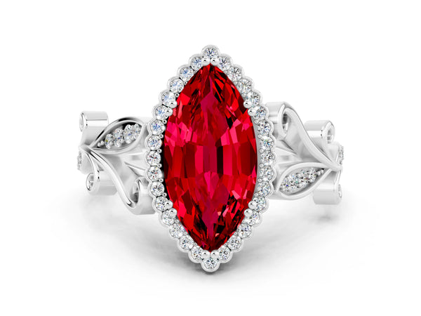 Platinum Marquise Cut Ruby Halo Ring with Vintage Split Shank and Four-Prong Setting