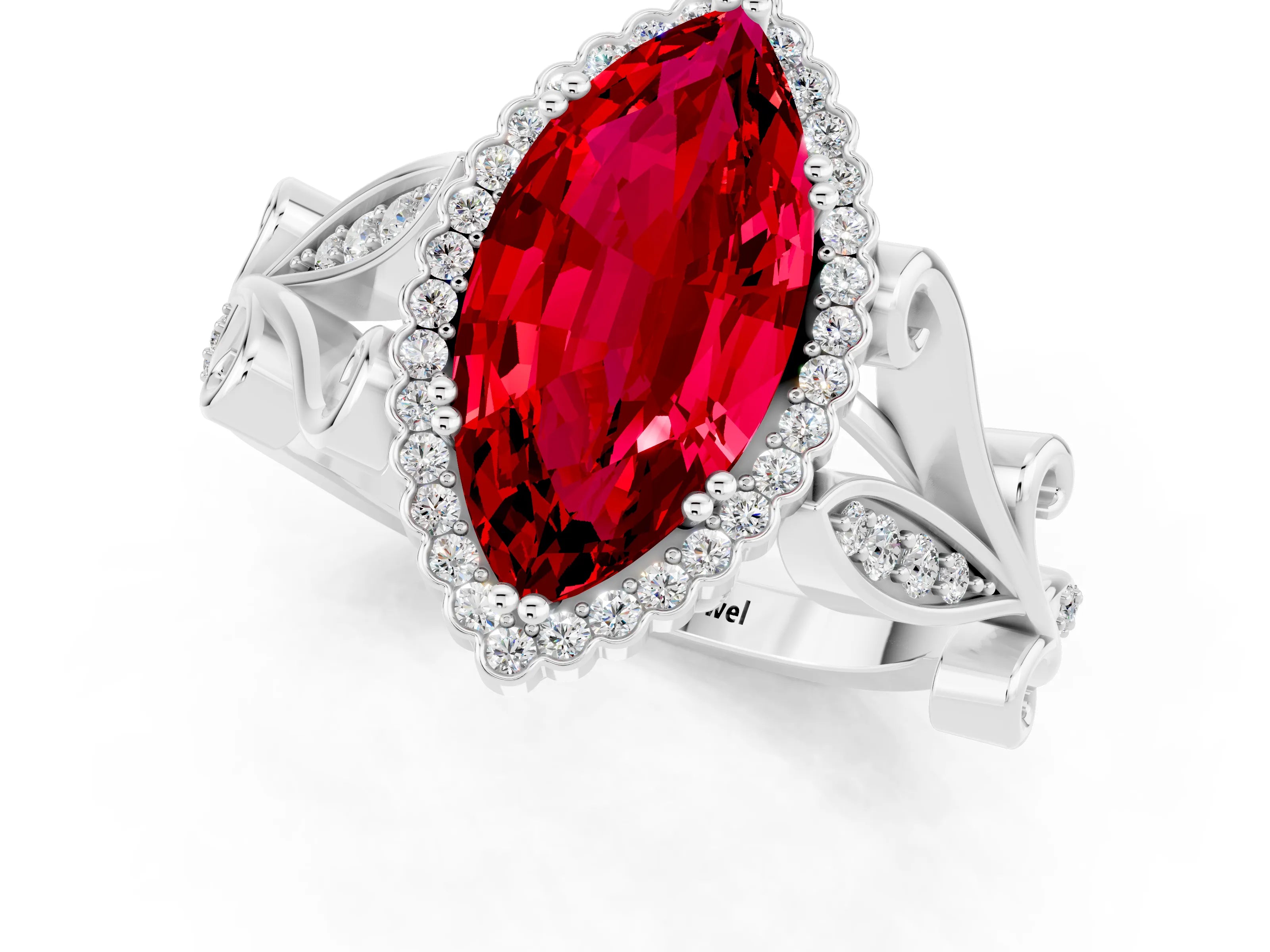 White gold Marquise Cut Ruby Halo Ring with Vintage Split Shank and Four-Prong Setting_25
