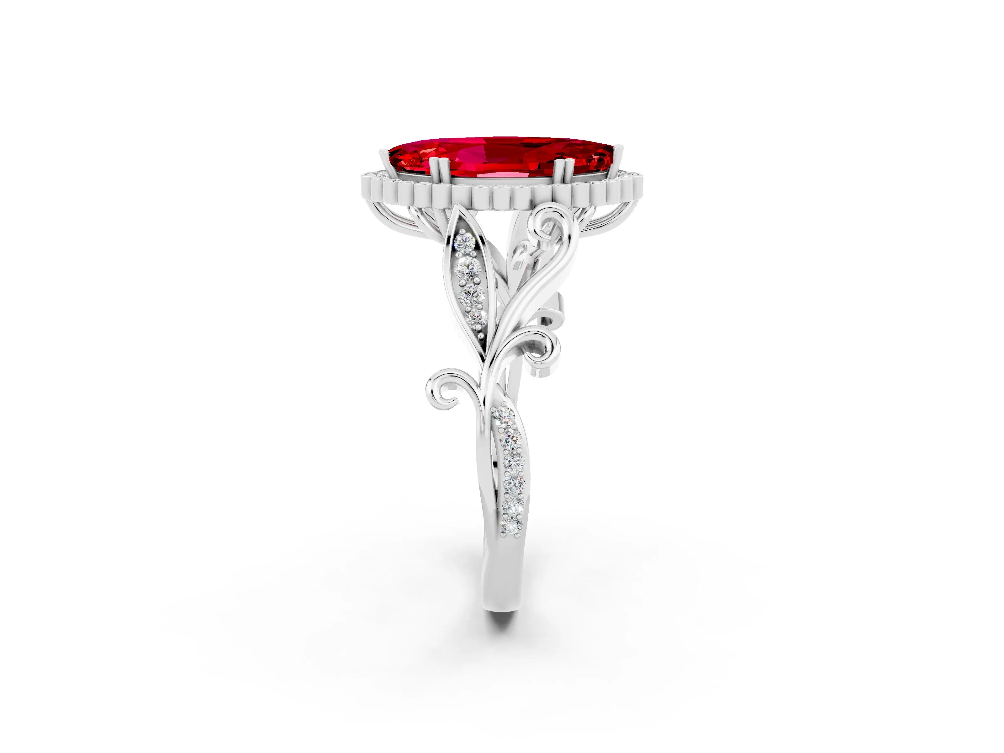 White gold Marquise Cut Ruby Halo Ring with Vintage Split Shank and Four-Prong Setting_26