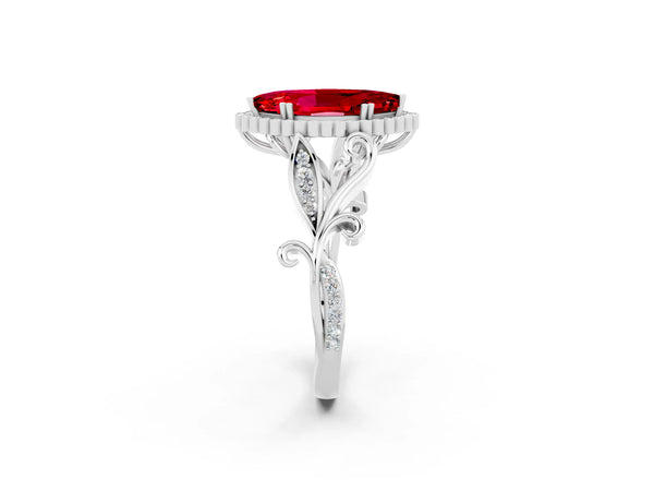 Platinum Marquise Cut Ruby Halo Ring with Vintage Split Shank and Four-Prong Setting