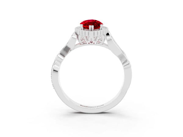 Silver Marquise Cut Ruby Halo Ring with Vintage Split Shank and Four-Prong Setting