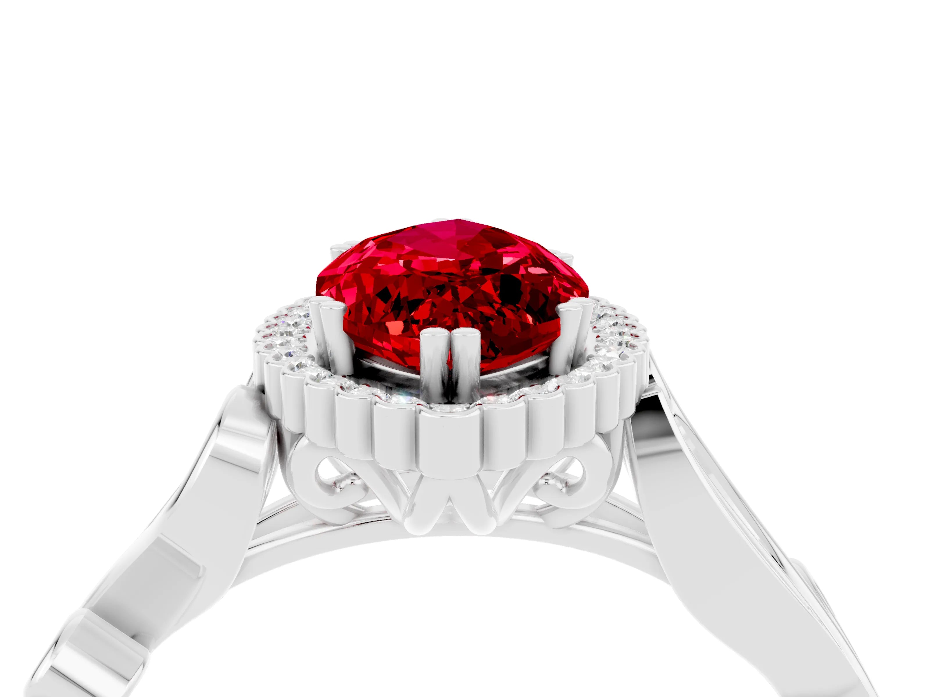 White gold Marquise Cut Ruby Halo Ring with Vintage Split Shank and Four-Prong Setting_28