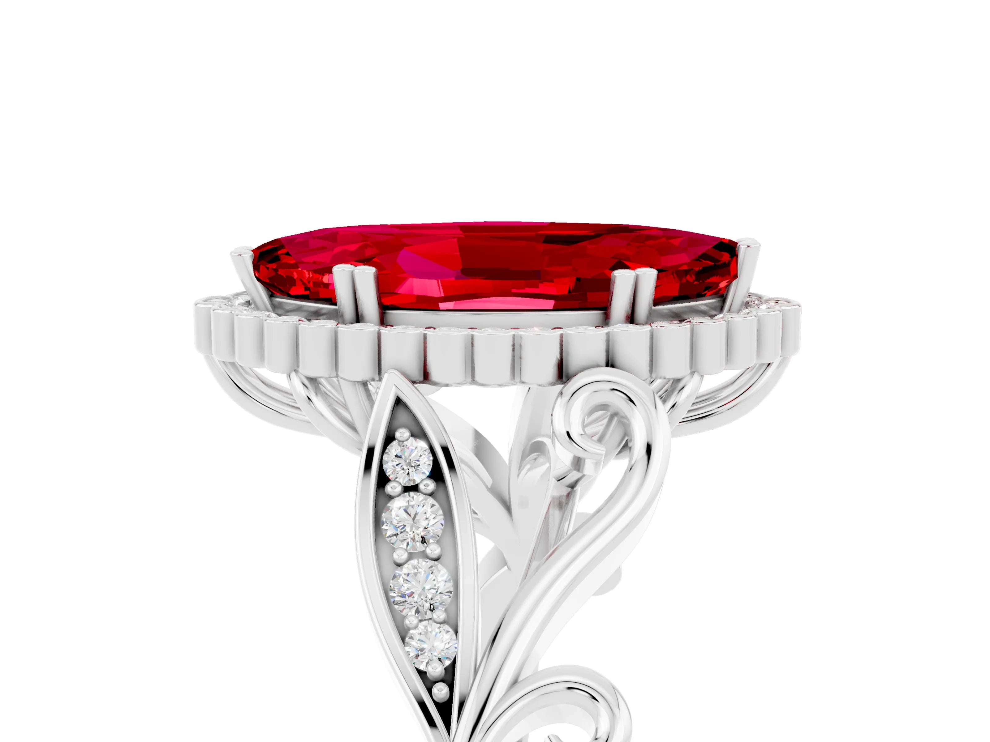 White gold Marquise Cut Ruby Halo Ring with Vintage Split Shank and Four-Prong Setting_29