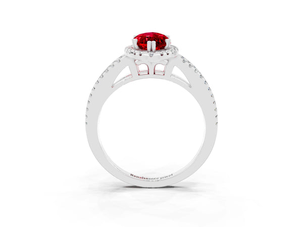 Silver Marquise Cut Ruby Halo Split Shank Engagement Ring