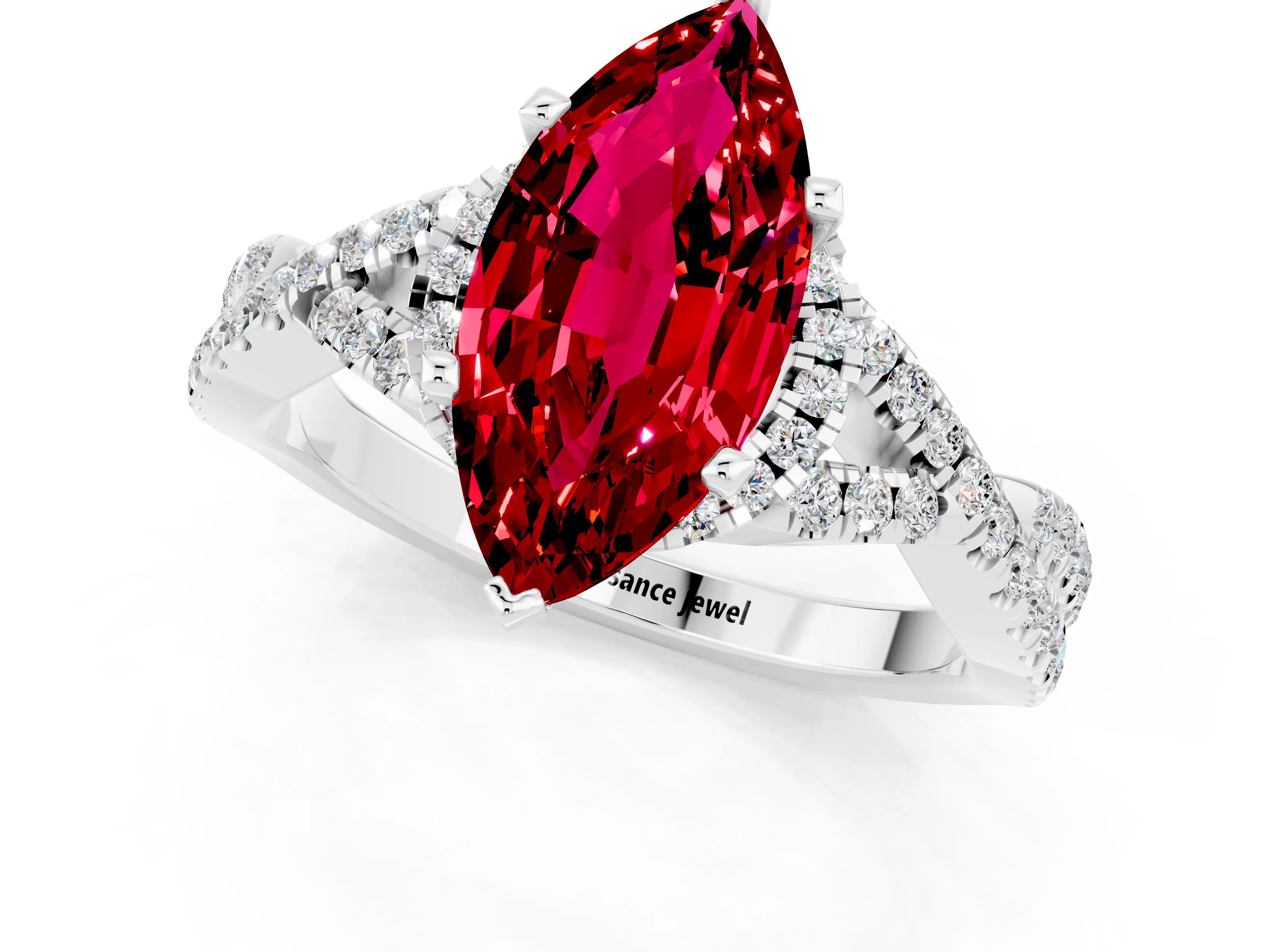 White gold Marquise Cut Ruby Halo Twist Band Solitaire Prong Setting Ring_1