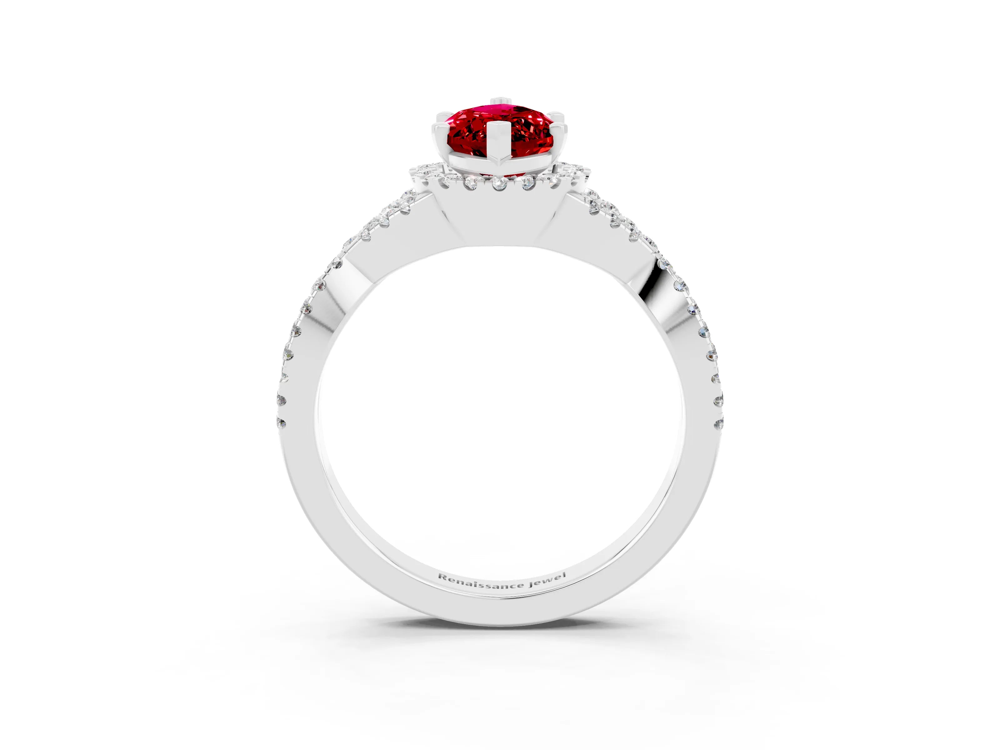 White gold Marquise Cut Ruby Halo Twist Band Solitaire Prong Setting Ring_3