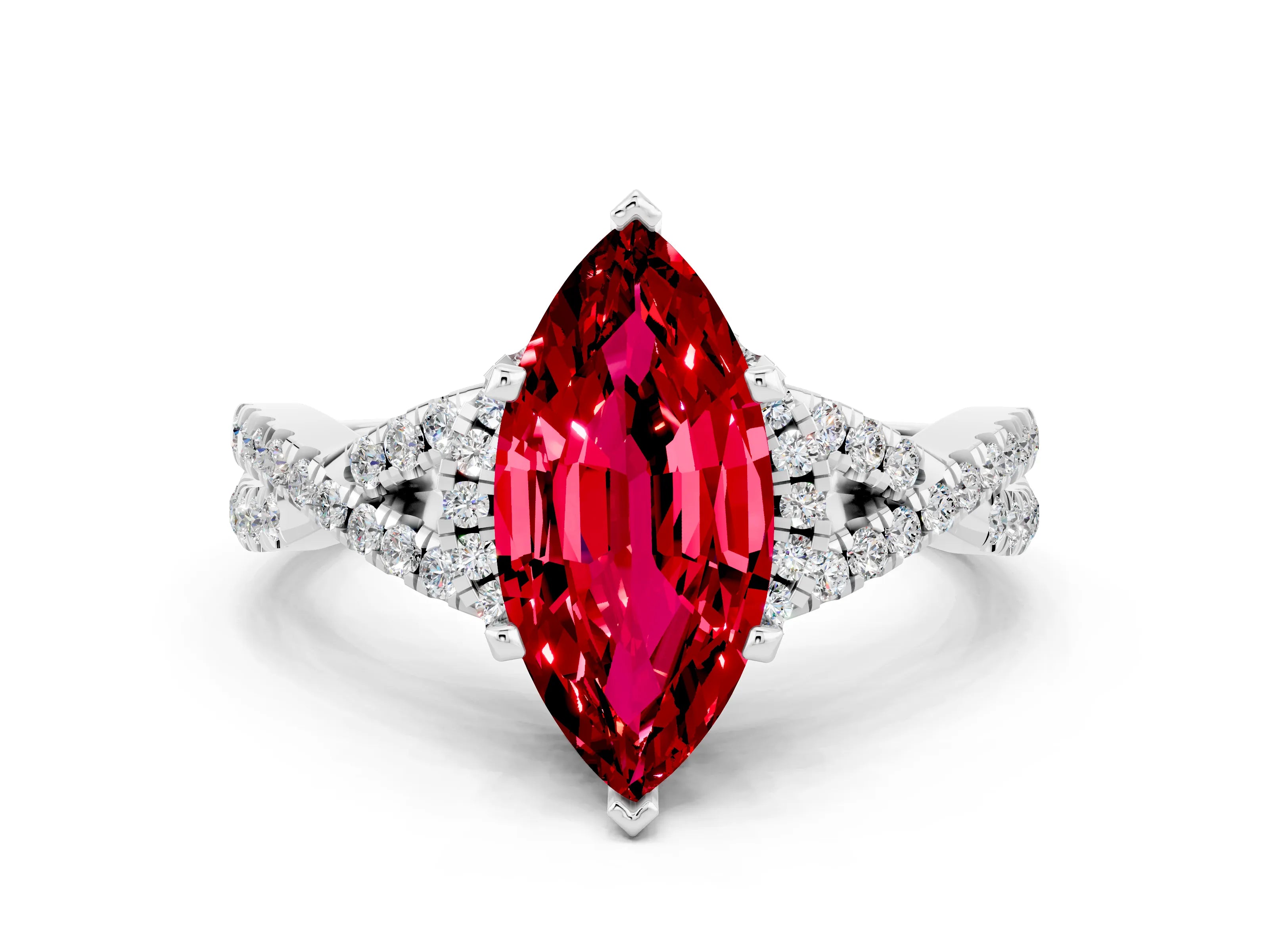 White gold Marquise Cut Ruby Halo Twist Band Solitaire Prong Setting Ring
