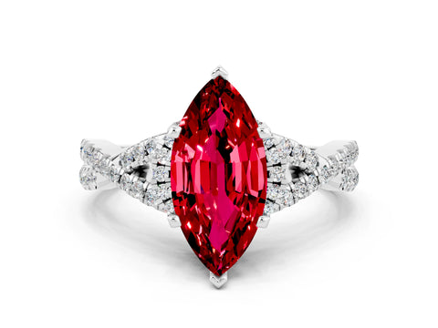 White gold Marquise Cut Ruby Halo Twist Band Solitaire Prong Setting Ring