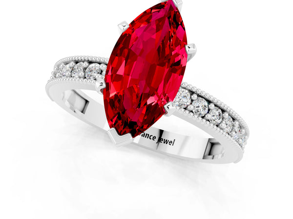 Platinum Marquise Cut Ruby Milgrain Pavé Engagement Ring with Four-Prong Setting