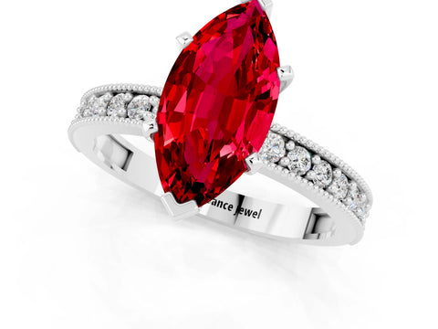 White gold Marquise Cut Ruby Milgrain Pavé Engagement Ring with Four-Prong Setting_1