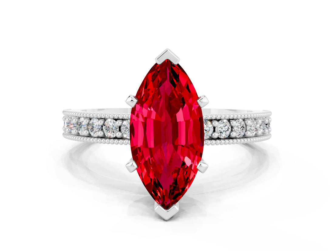White gold Marquise Cut Ruby Milgrain Pavé Engagement Ring with Four-Prong Setting