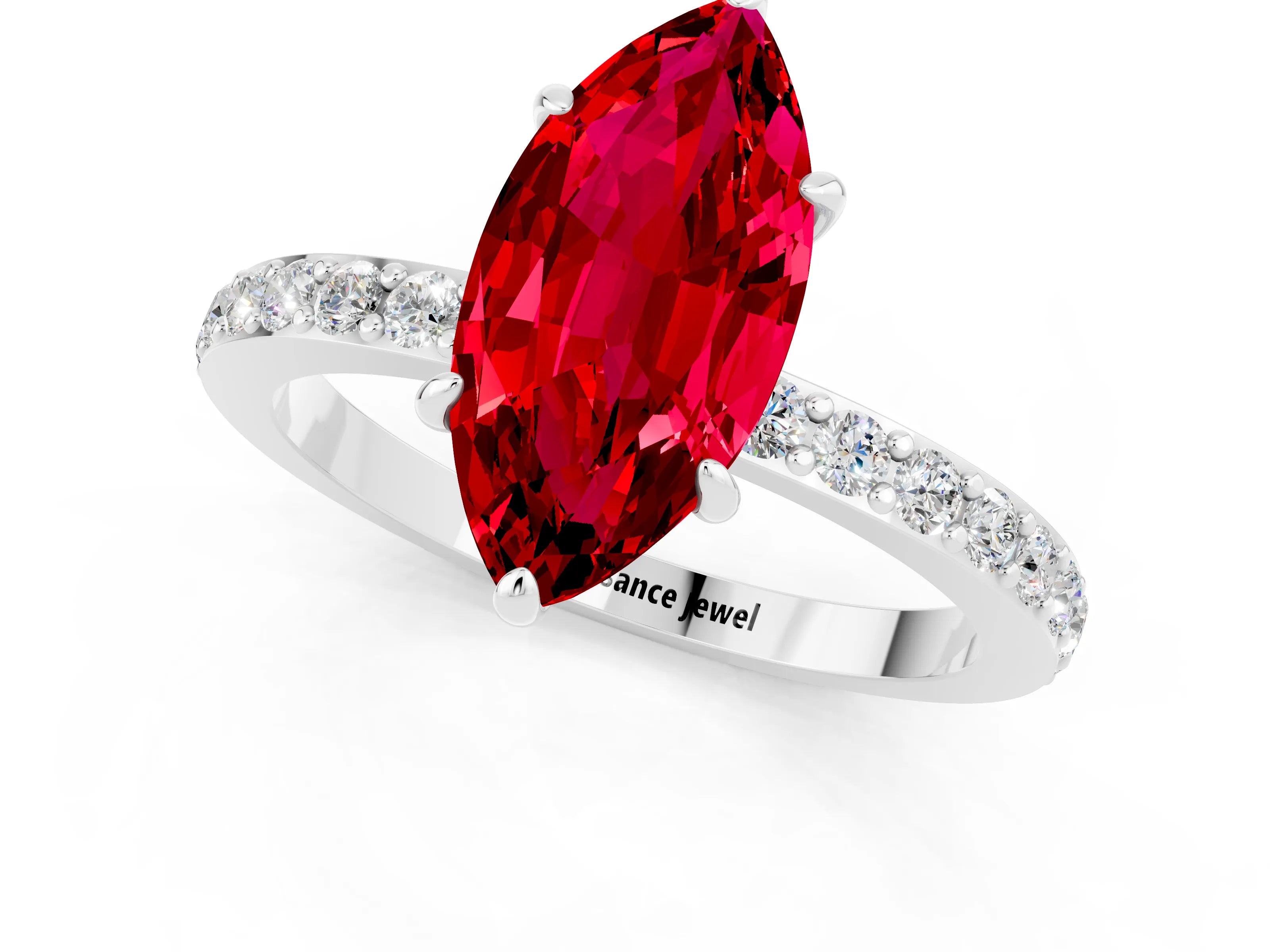 White gold Marquise Cut Ruby Pavé Engagement Ring with Round  Accents and Prong Setting_25