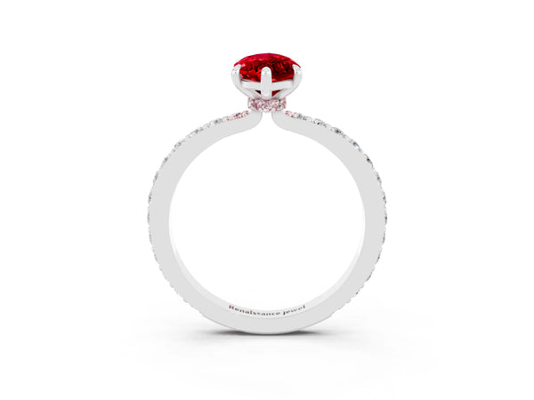 Silver Marquise Cut Ruby Pavé Engagement Ring with Round  Accents and Prong Setting
