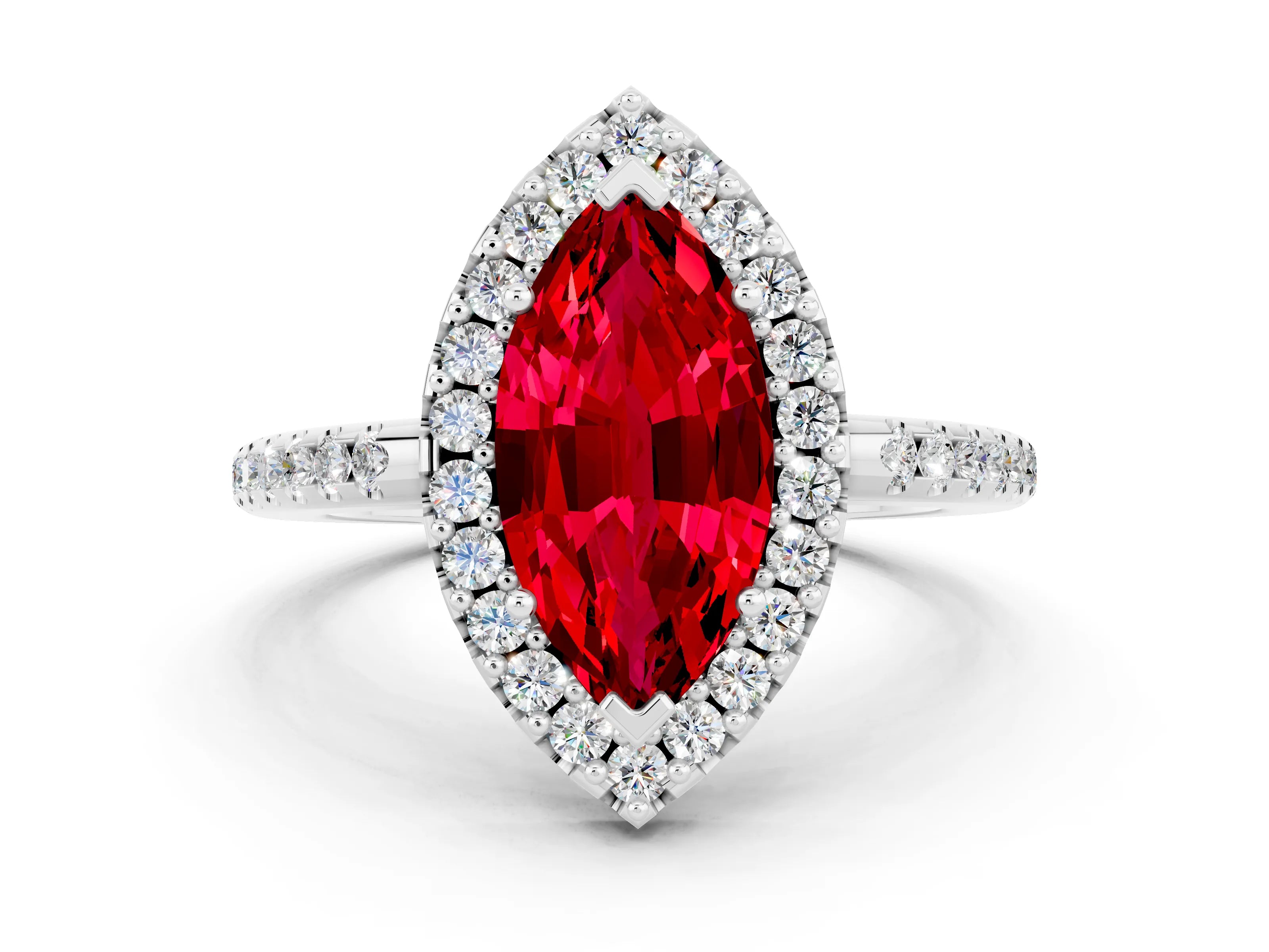 White gold Marquise Cut Ruby Pavé Halo Ring with Four-Prong Setting_12