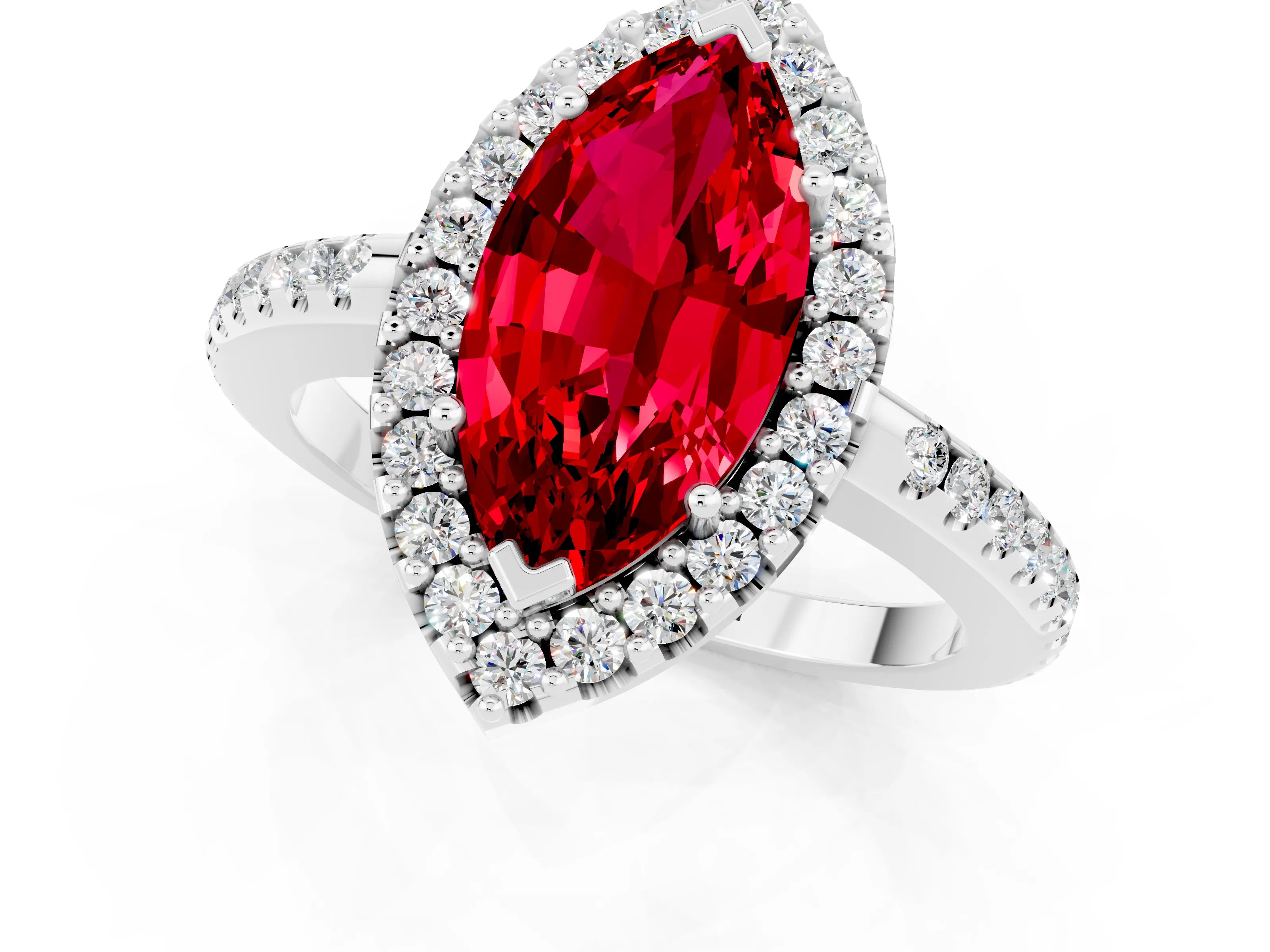 White gold Marquise Cut Ruby Pavé Halo Ring with Four-Prong Setting_13