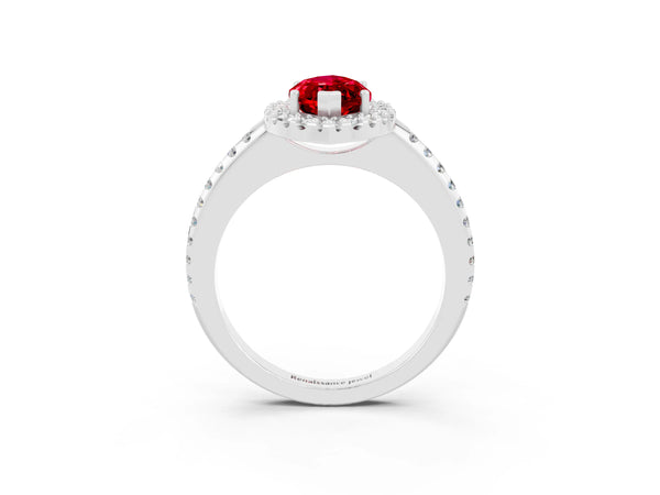 Platinum Marquise Cut Ruby Pavé Halo Ring with Four-Prong Setting
