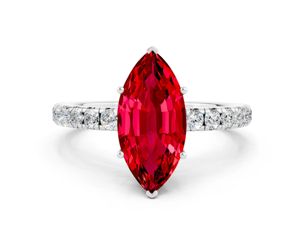Platinum Marquise Cut Ruby Pavé Solitaire Engagement Ring with Four-Prong Setting