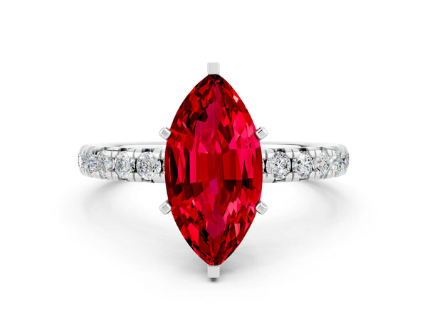 Silver Marquise Cut Ruby Pavé Solitaire Ring with Round Band and Prong Setting