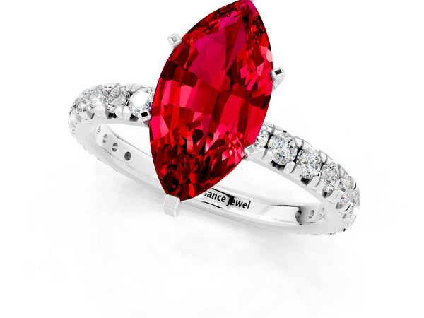 Silver Marquise Cut Ruby Pavé Solitaire Ring with Round Band and Prong Setting