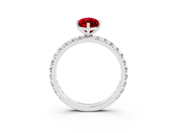 Platinum Marquise Cut Ruby Pavé Solitaire Ring with Round Band and Prong Setting
