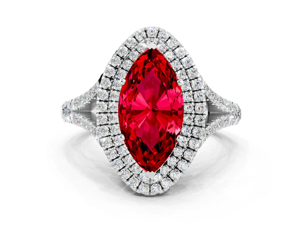 White gold Marquise Cut Ruby Pavé Split Shank Double Halo Engagement Ring